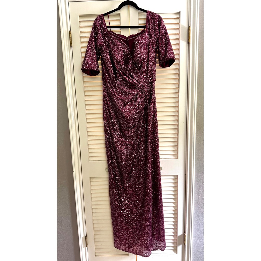 Rene Ruiz Collection Wine Burgundy Sequin Gown Sweetheart Surplice Dress 14